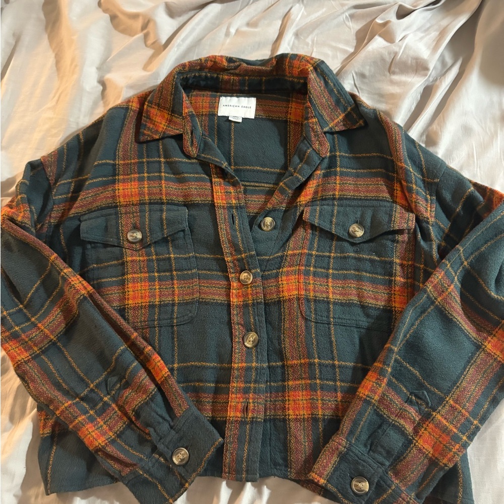 American Eagle Outfitters Plaid Button Down Shirt - Green and Orange